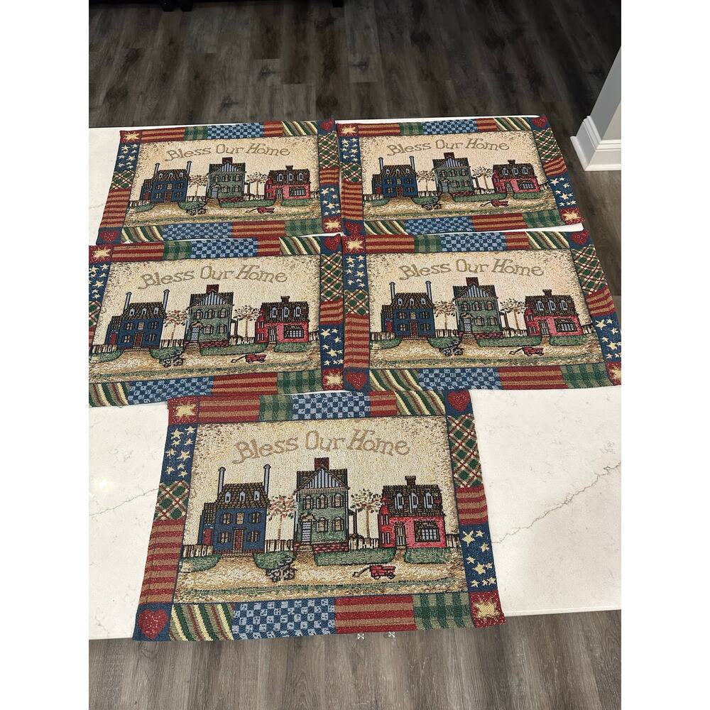 Americana Country Bless Our Home Woven Tapestry Placemats Set of 5 Folk Art USA